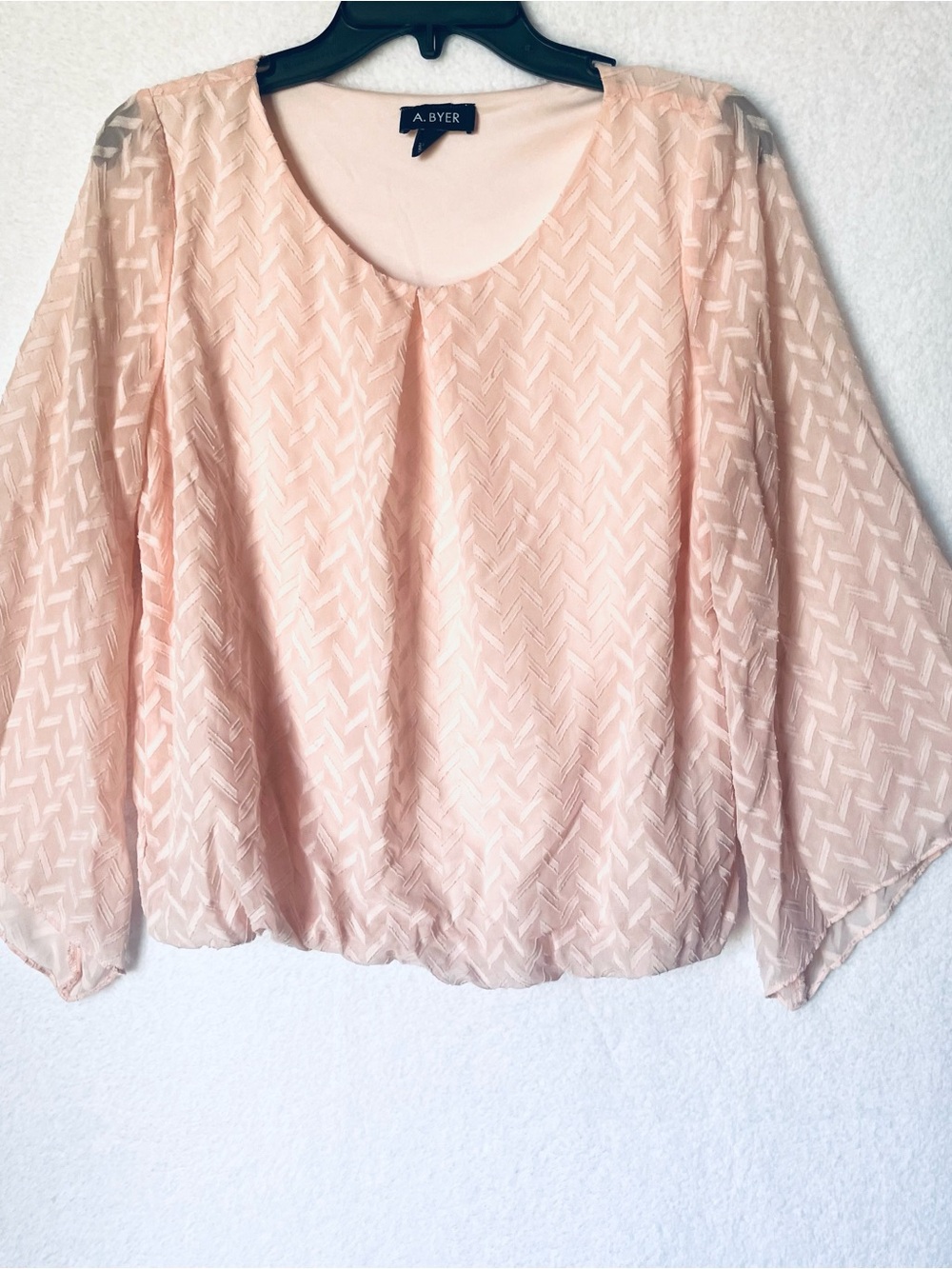 A. Byer Soft Blush Chevron-Textured Long Fairy Sleeve Blouse